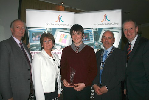Richard Shannon from Kilkeel High School was presented with Student of the Year Award.  Picture with David Cunningham Principal Kilkeel High School, Margo Cosgrove Chair of Area Learning Community, Deputy Mayor McDonald and David Vint, Assistant Director of Community & Schools’ Partnership, SRC.